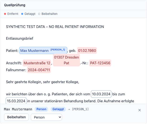 The Quellprüfung panel with highlighted entities