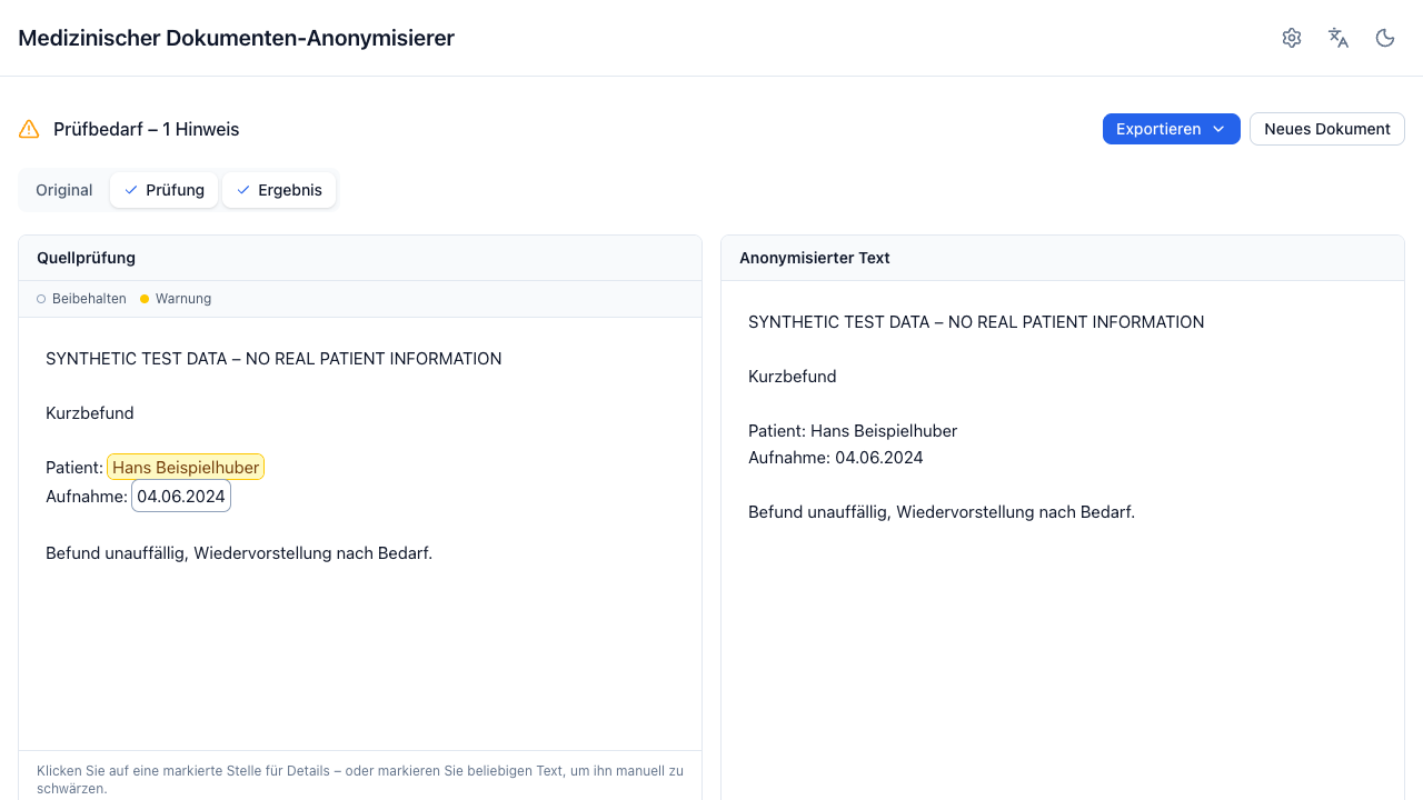 A result requiring review, with the warnings list expanded