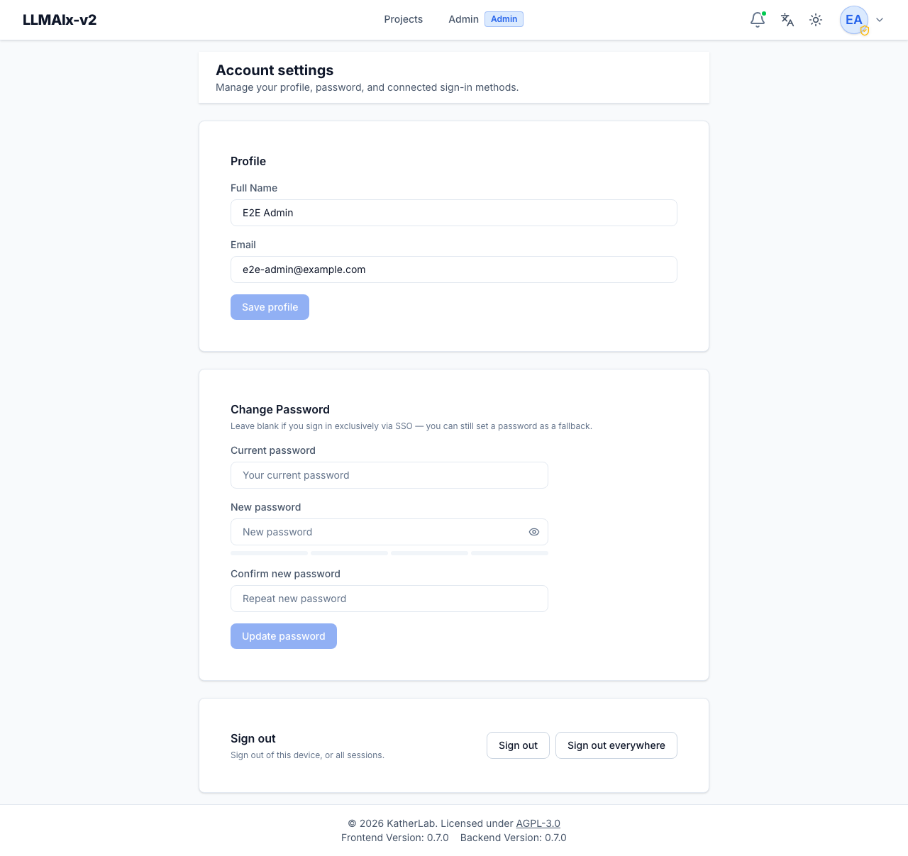 Account settings page with Profile, Change Password, and Sign out cards