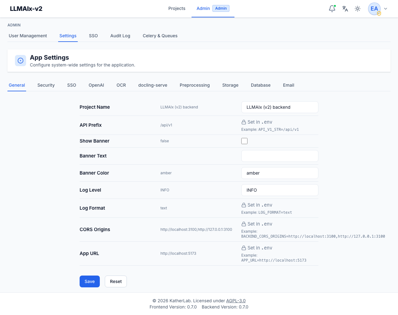 Admin System Settings with category tabs and per-setting rows