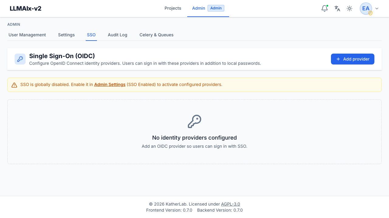 Admin SSO page with the globally-disabled warning and empty provider list