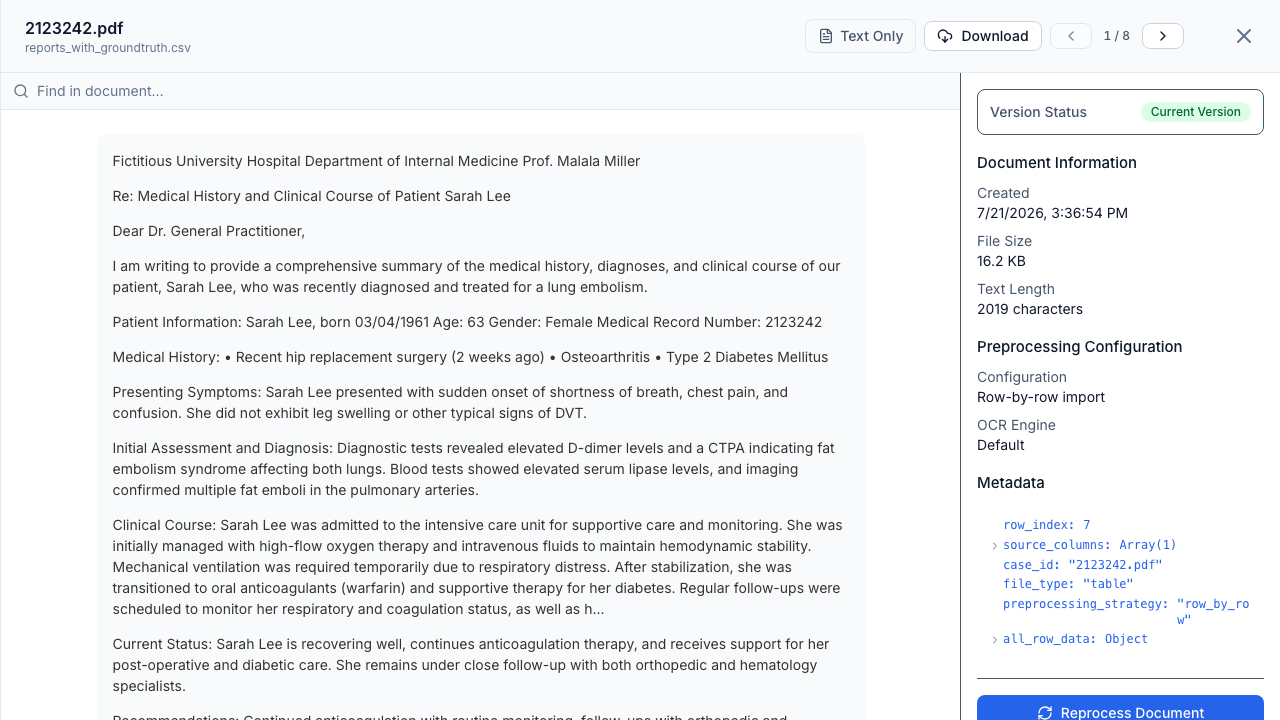 The document viewer showing extracted text on the left and a metadata sidebar on the right