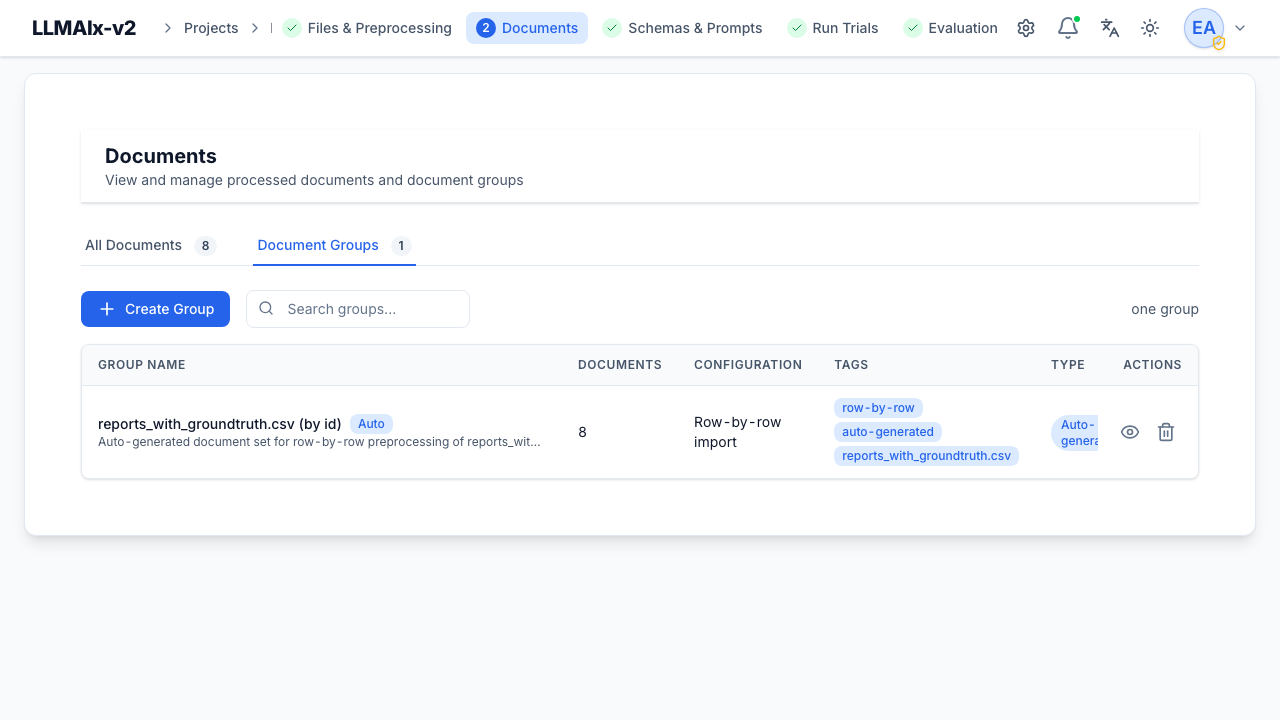 Document Groups sub-tab showing an auto-generated group