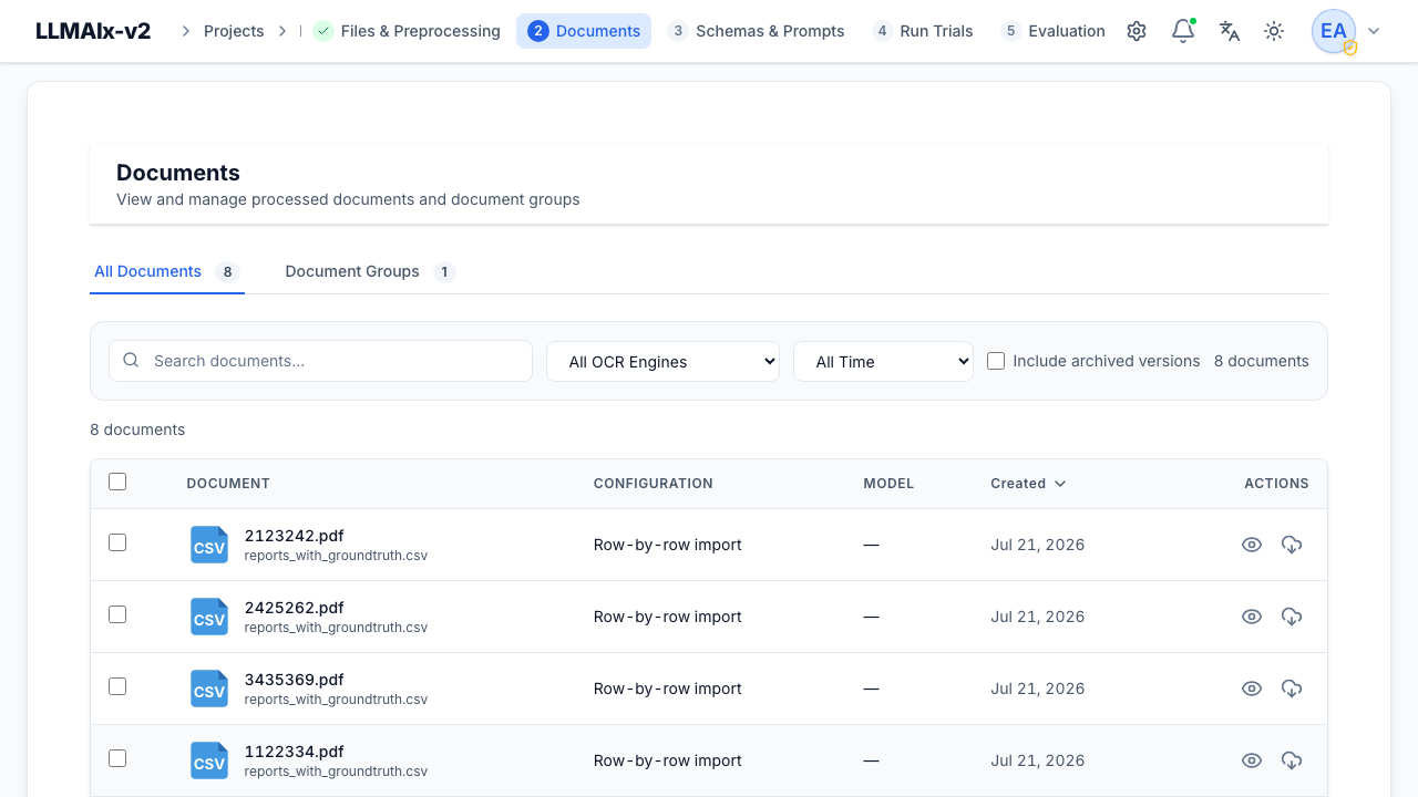 The Documents tab listing the 8 documents produced by row-by-row import, one per report.