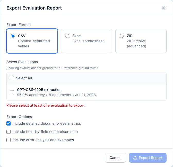 Export Evaluation Report modal with CSV/XLSX/ZIP format choice and content options