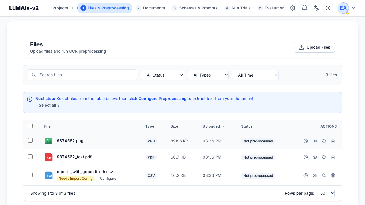 The Files & Preprocessing tab with the sample CSV, a PDF, and a PNG uploaded. CSV/XLSX files show a "Needs Import Config" badge.