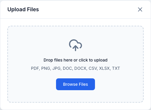 Upload Files modal with a drag-and-drop dropzone