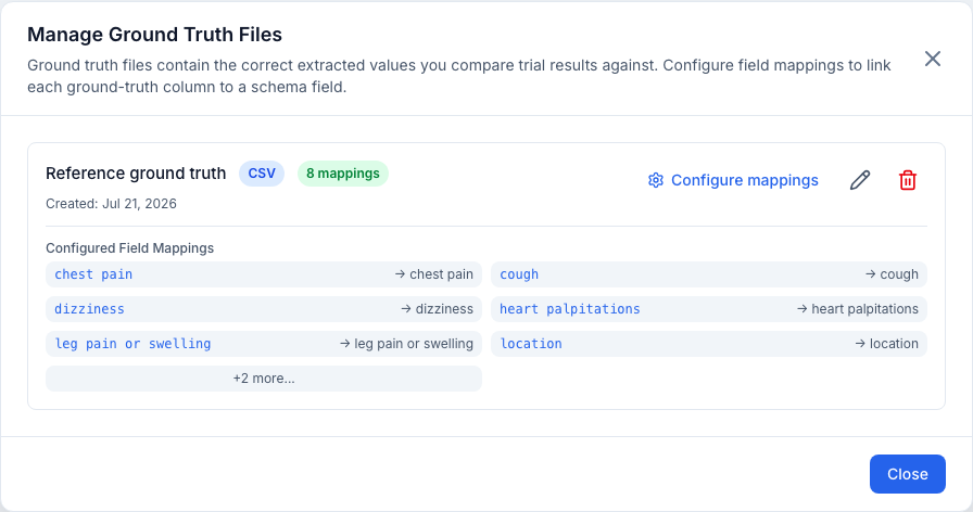 Manage Ground Truth Files modal listing uploaded files with mapping counts and actions