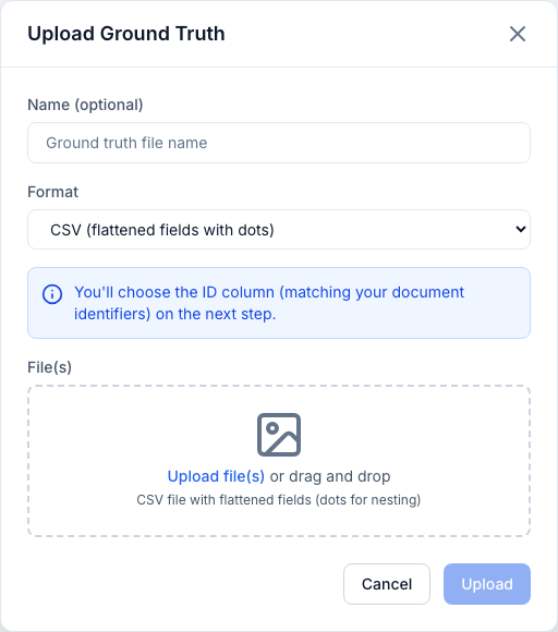 Upload Ground Truth modal with format selection and file drop area