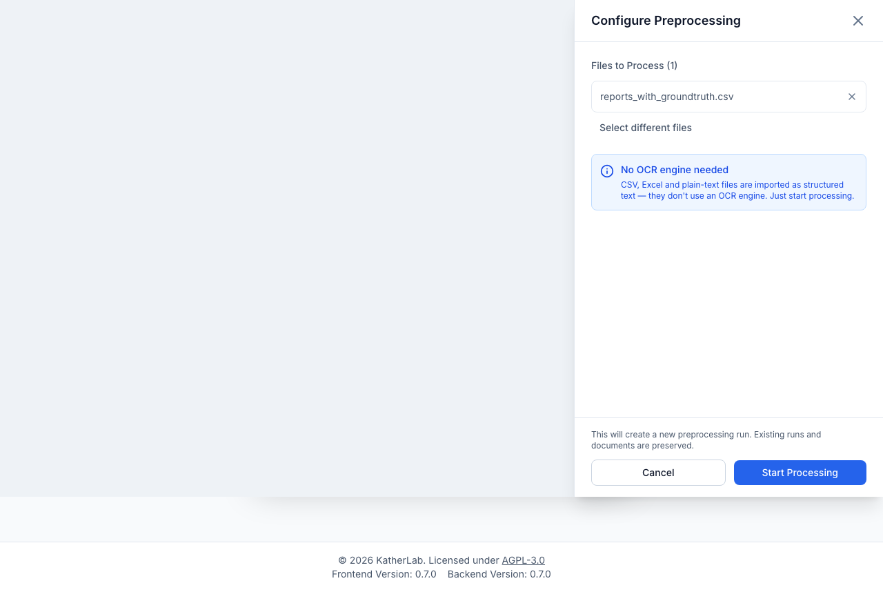 Configure Preprocessing slide-over listing the selected files with a "No OCR engine needed" notice for a text/table selection and a Start Processing button