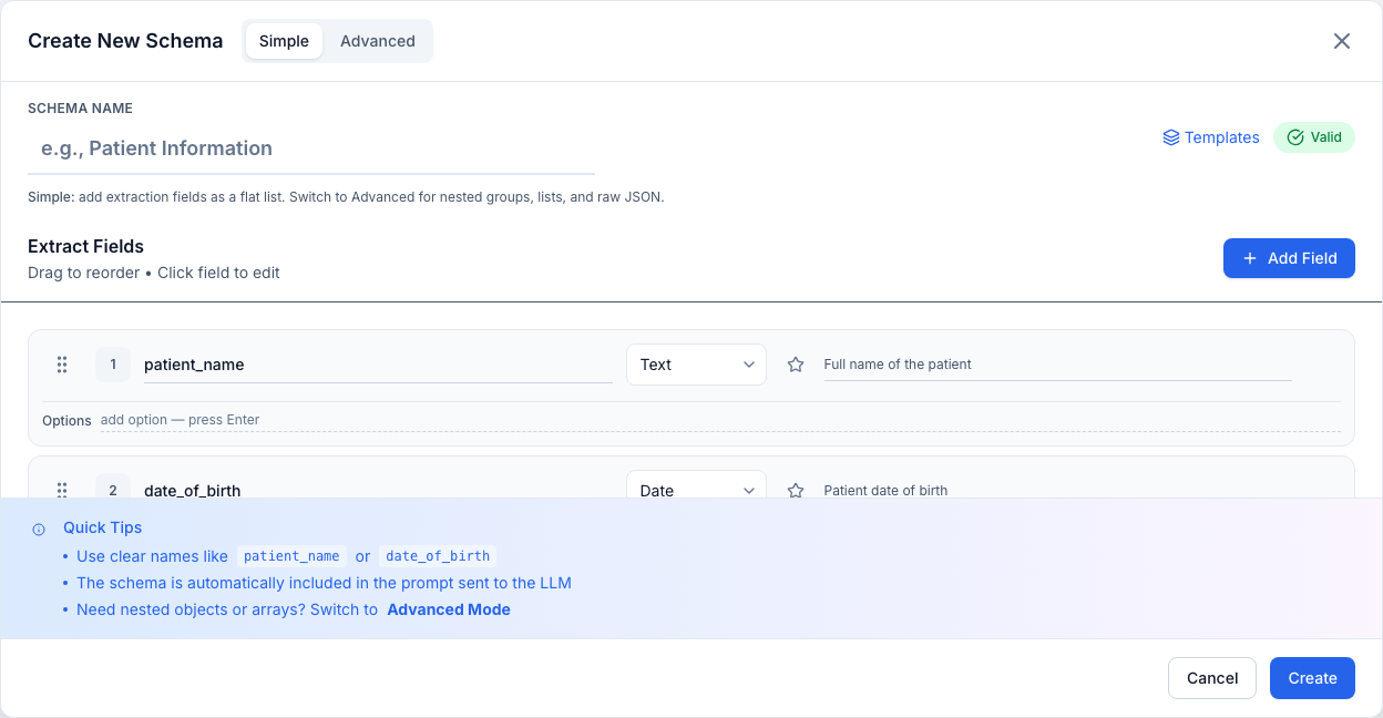 The Simple schema editor with a field list