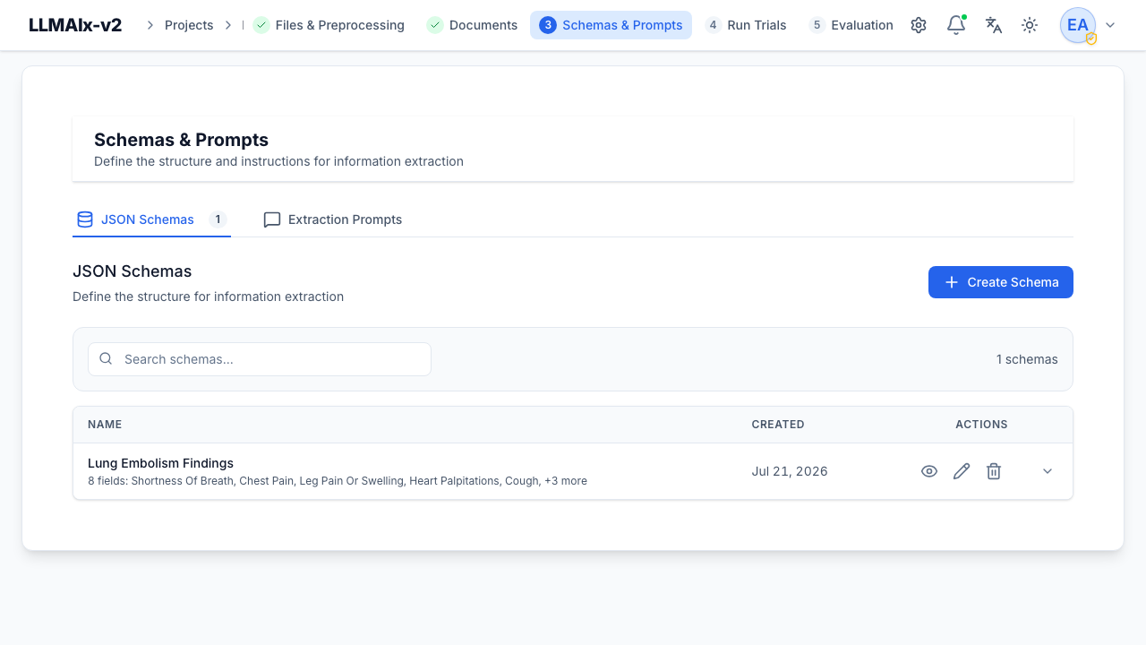 The JSON Schemas list section