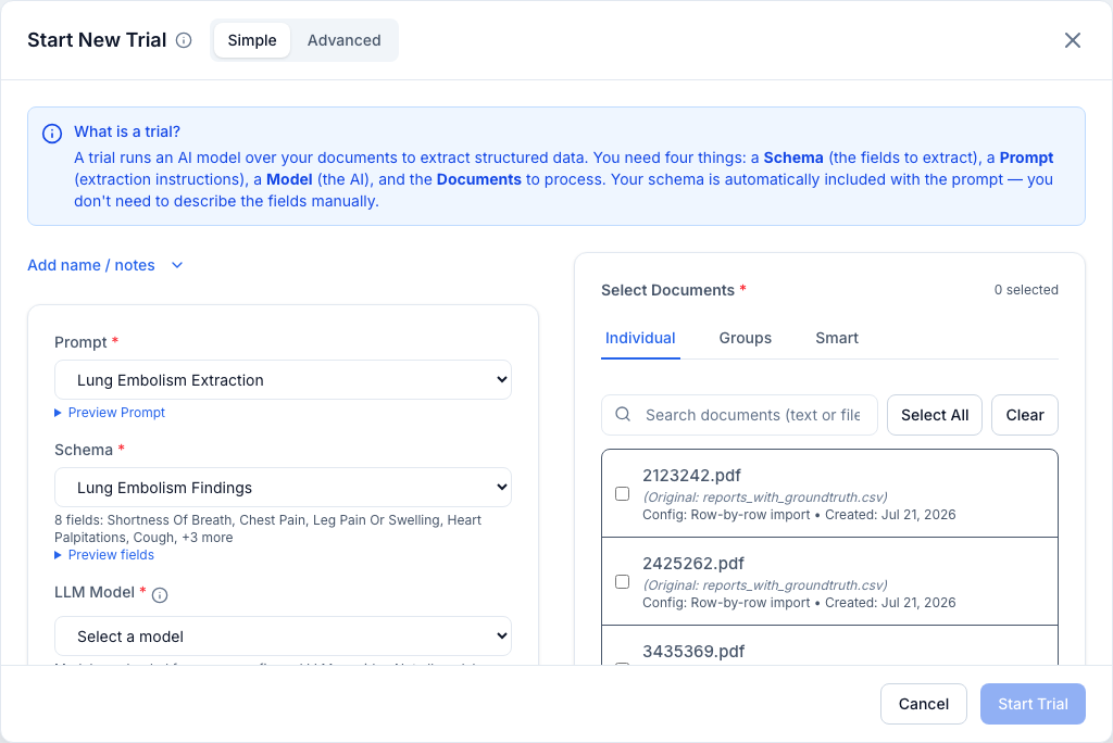 The Start New Trial dialog: prompt, schema, and model selectors on the left; document selection (Individual / Groups / Smart) on the right.