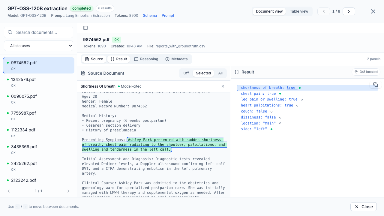 Extraction results viewer with an extracted value selected and the matching passage highlighted in the source text