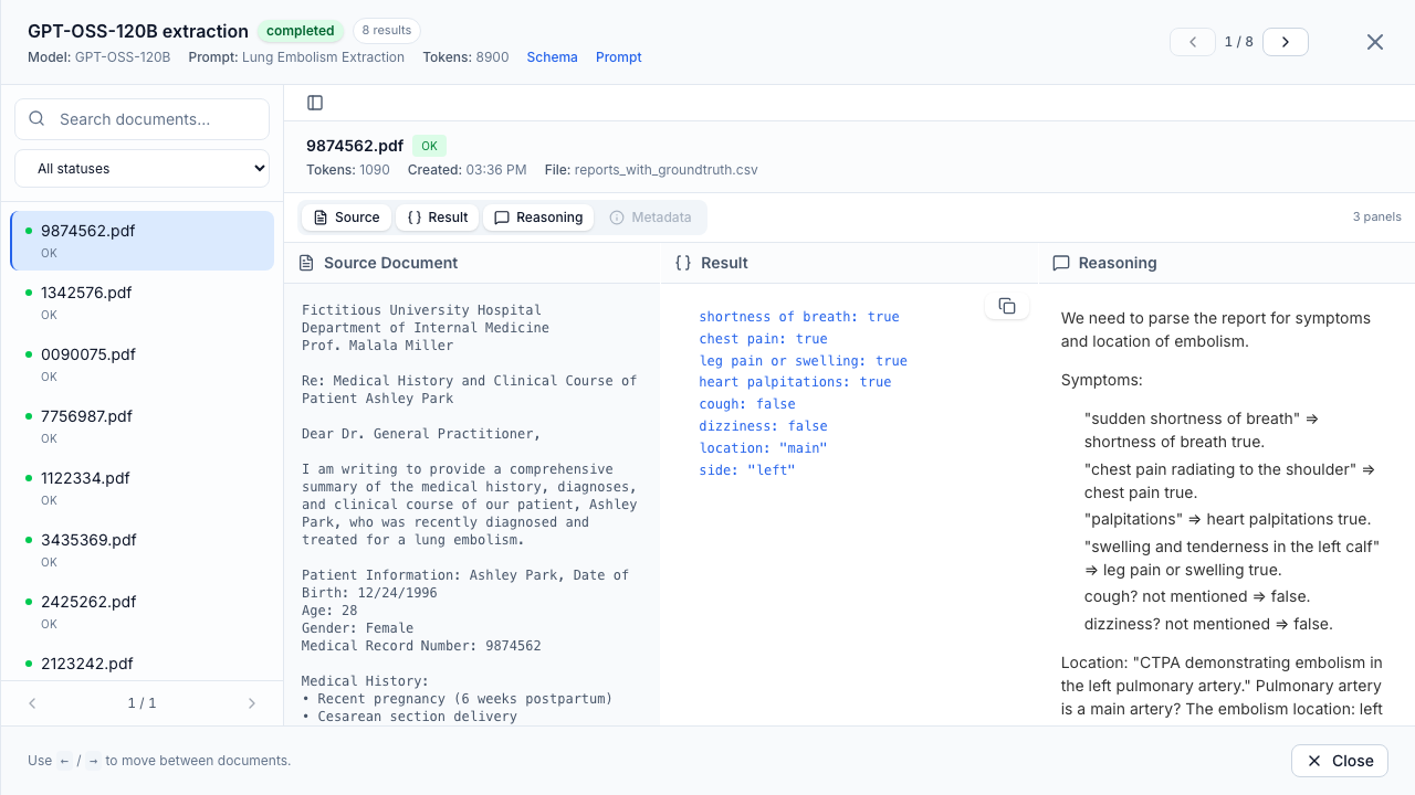 Trial results viewer with Source, Result, and Reasoning panels open side by side