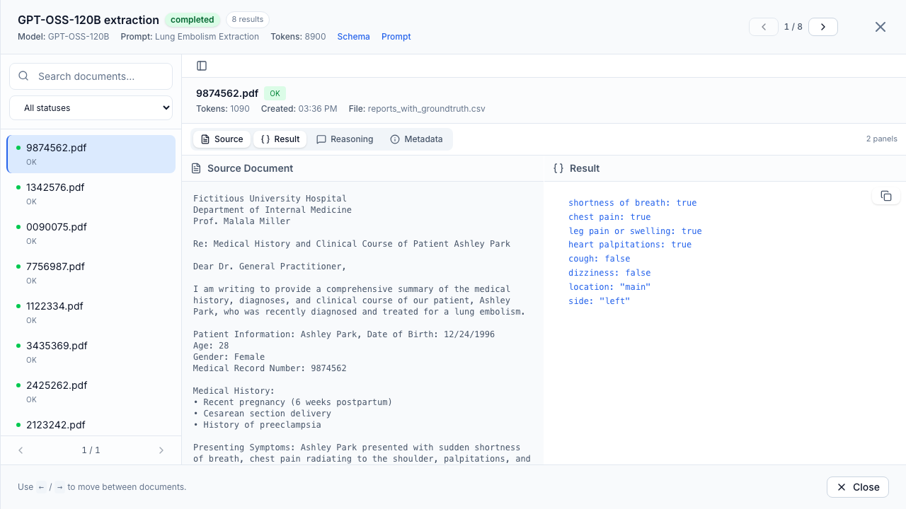 The trial results viewer: the document list on the left, the source report and the extracted JSON side-by-side on the right.